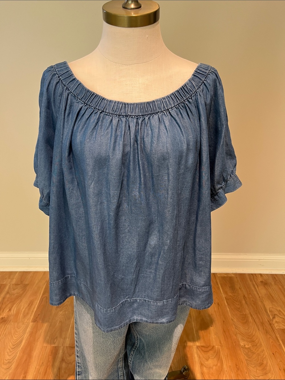 kate spade Chambray Off-Shoulder Peasant Top - Blue short sleeve tencel L